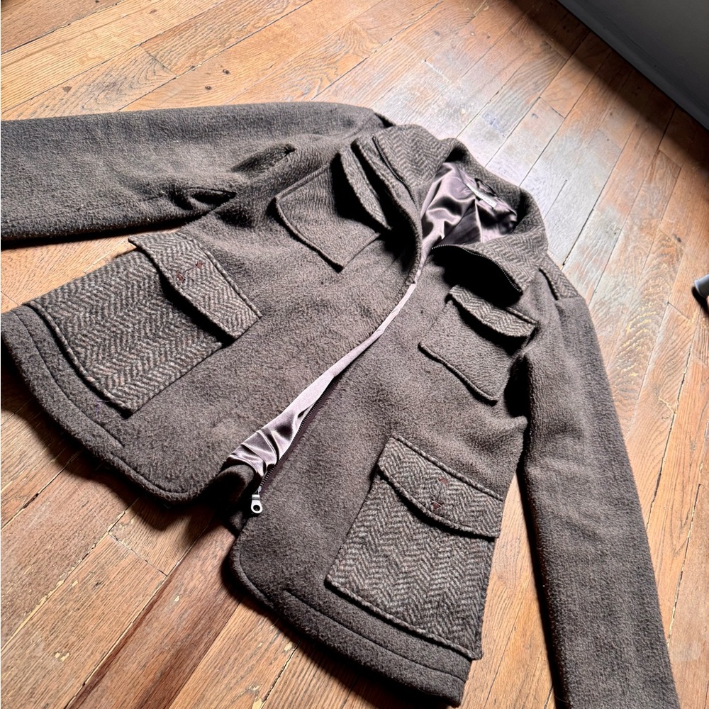 Vintage  Women's Tweed Herringbone Coat Brown Button Shoulder Pockets Small